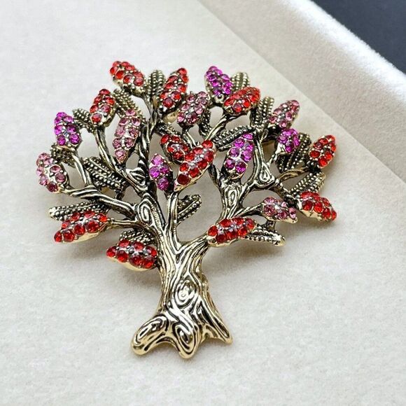 Yellow Gold with Ruby and Pink Sapphire Crystal Blooming Tree Pin Back Brooch - Picture 4 of 9